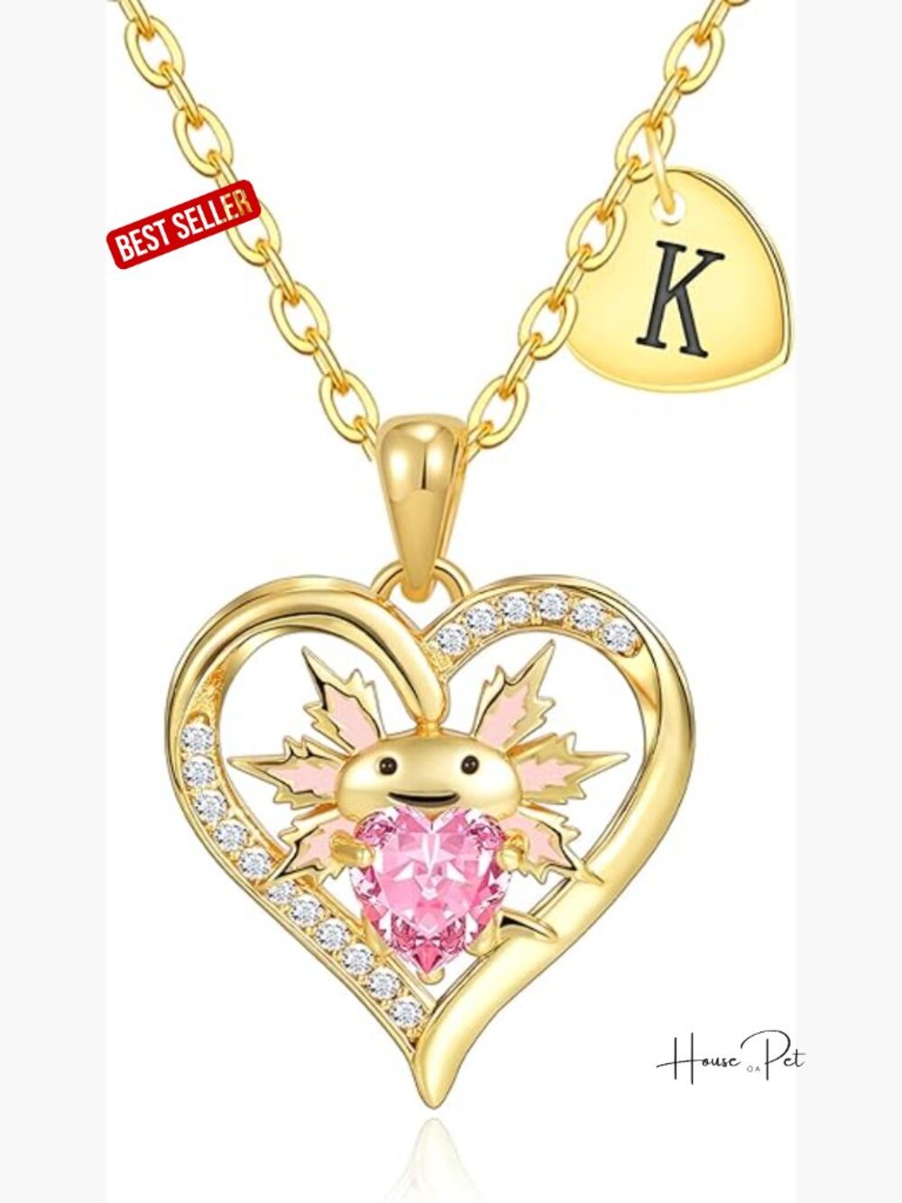 14K Gold Plated Axolotl Initial Heart Pendant Necklace